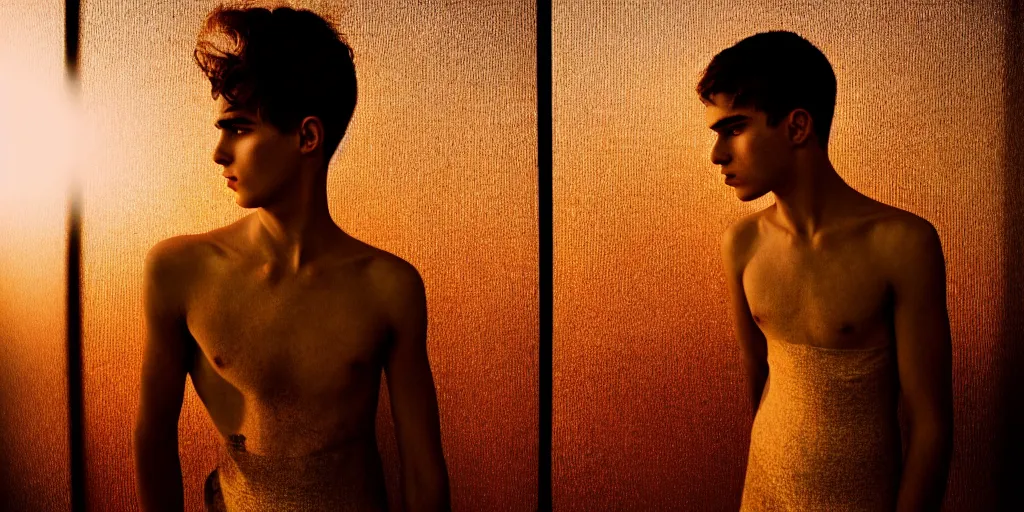 Image similar to handsome young man wearing a dress terror love pain joy fear moody lighting golden hour highly detailed sharp zeiss lens f 1 6 high contrast ryan mcginley