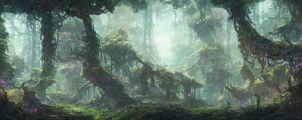Prompt: detailed concept art illustration colorful pastel painting of a sci-fi fantasy forest in full intricate detail, ultra detailed, digital art, octane render, 4K, dystopian, micro details