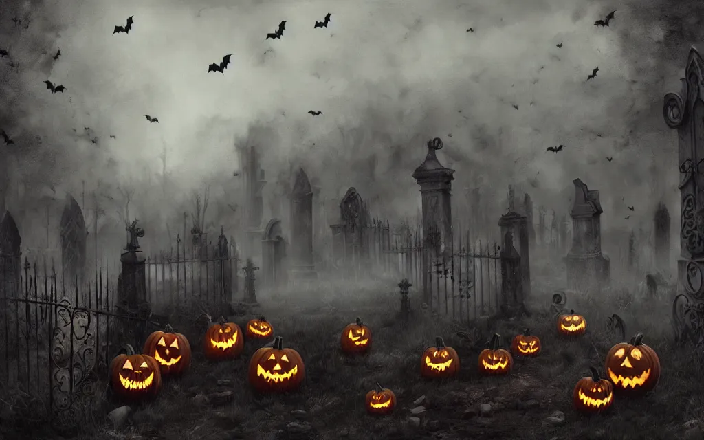 Prompt: engraved halloween pumpkins with menacing expression, scattered in a graveyard at night, bats flying over tombstones, bare trees, iron railing, gloomy atmosphere, digital illustration, highly detailed, cinematic lighting, perfect composition, 4 k, artem demura