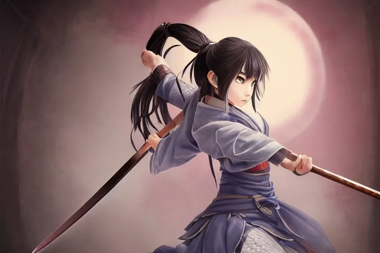 Image similar to highly detailed beautiful photo of a madison beer as a young female samurai. practising sword stances. art by koyoharu gotouge. symmetrical face, beautiful eyes, realistic, 8 k, award winning photo, pastels colours, action photography, 1 / 1 2 5 shutter speed, sunrise lighting,