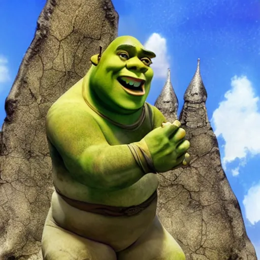 Image similar to a grandiose stone statue monument for shrek, fantasy illustration