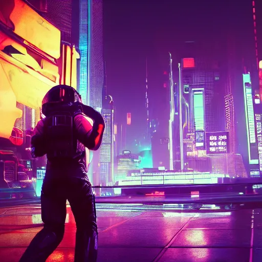 Prompt: professional photo of astronaut from low angle shot with cyberpunk city on background, synthwave, blade runner, hyperrealistic masterpiece, trending on artstation, cgsociety, kodakchrome, golden ratio, cinematic, composition, beautiful lighting, hyper detailed, sharp focus, octane render, 4 k, unreal engine