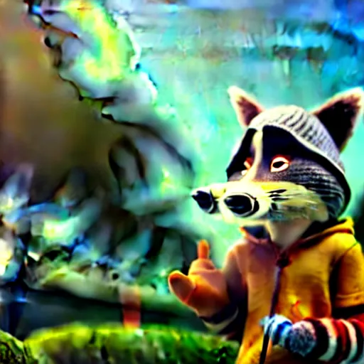 Prompt: a very relaxed stoner with a black hoodie on with a raccoon head from zootopia, wearing beanie, holding a small vape, blowing out smoke, 3 d render, extremely detailed fur, wearing a marijuana t - shirt