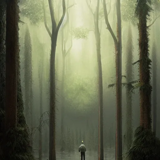 Image similar to a man standing in the middle of a forest, a detailed matte painting by mike beeple winkelmann, behance contest winner, magical realism, lovecraftian, concept art, reimagined by industrial light and magic