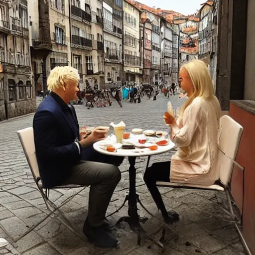 Image similar to a blonde woman & Michael mcintyre eating gelato & tea in Porto, greg rutkowski