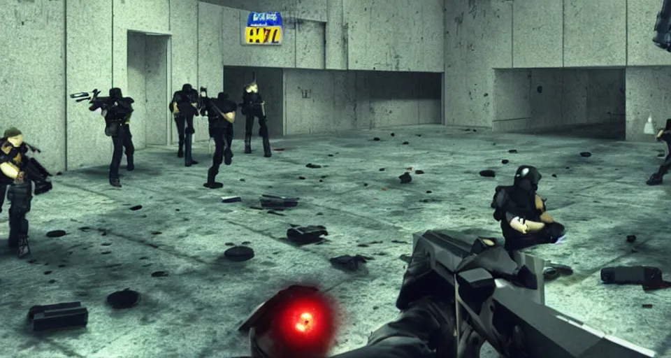 Image similar to 1996 Video Game Screenshot of Neo-tokyo Cyborg bank robbers vs police, Set inside of Parking Garage, Dark, Multiplayer set-piece Ambush, Tactical Squads :10, Police officers under heavy fire, Suppressive fire, Pinned down, Destructible Environments, Gunshots, Headshot, Bullet Holes and Anime Blood Splatter, :10 Gas Grenades, Riot Shields, MP5, AK45, MP7, P90, Chaos, Anime Machine Gun Fire, Gunplay, Shootout, :14 FLCL + Akira, Cel-Shaded:15, Created by Katsuhiro Otomo + Studio Gainax + Trending on Artstation: 20