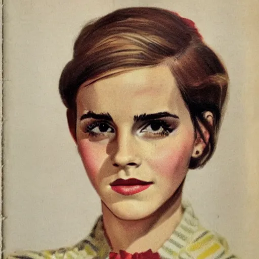 Image similar to Emma Watson portrait, vintage magazine illustration 1950