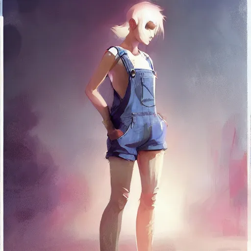 Image similar to Female, soft eyes and narrow chin, dainty figure, single strap paint covered overalls, short shorts, combat boots, raining, basic white background, style of by Jordan Grimmer and greg rutkowski, crisp lines and color,