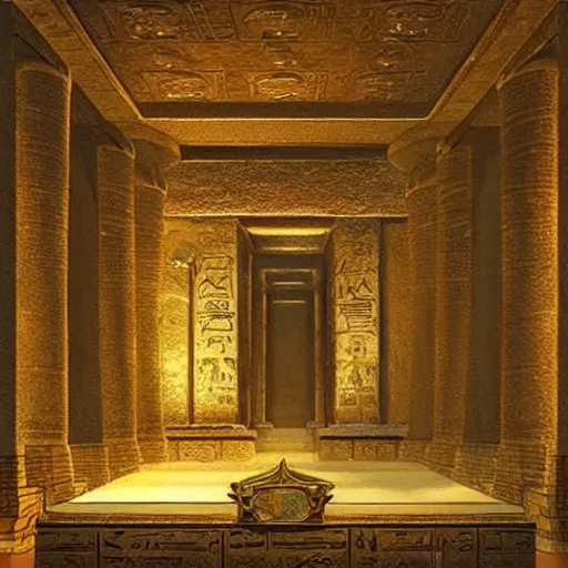Prompt: an ancient undiscovered egyptian treasure room entirely made of shiny gold, full of ingots and gems and precious, concept art, architecture design, pyramids style, art by charlie bowater