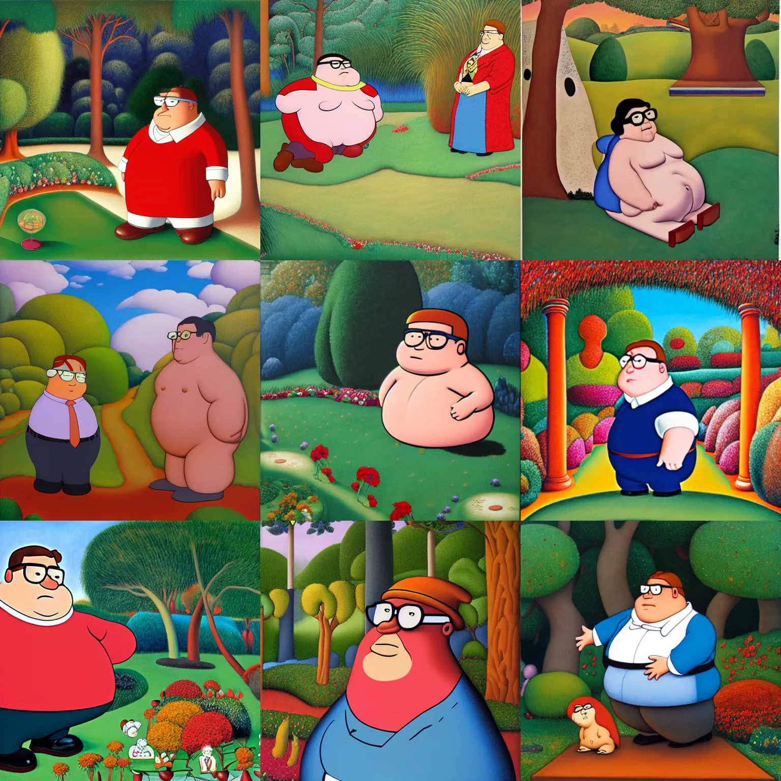 Image similar to Peter Griffin in the garden of enchantment by Fernando Botero