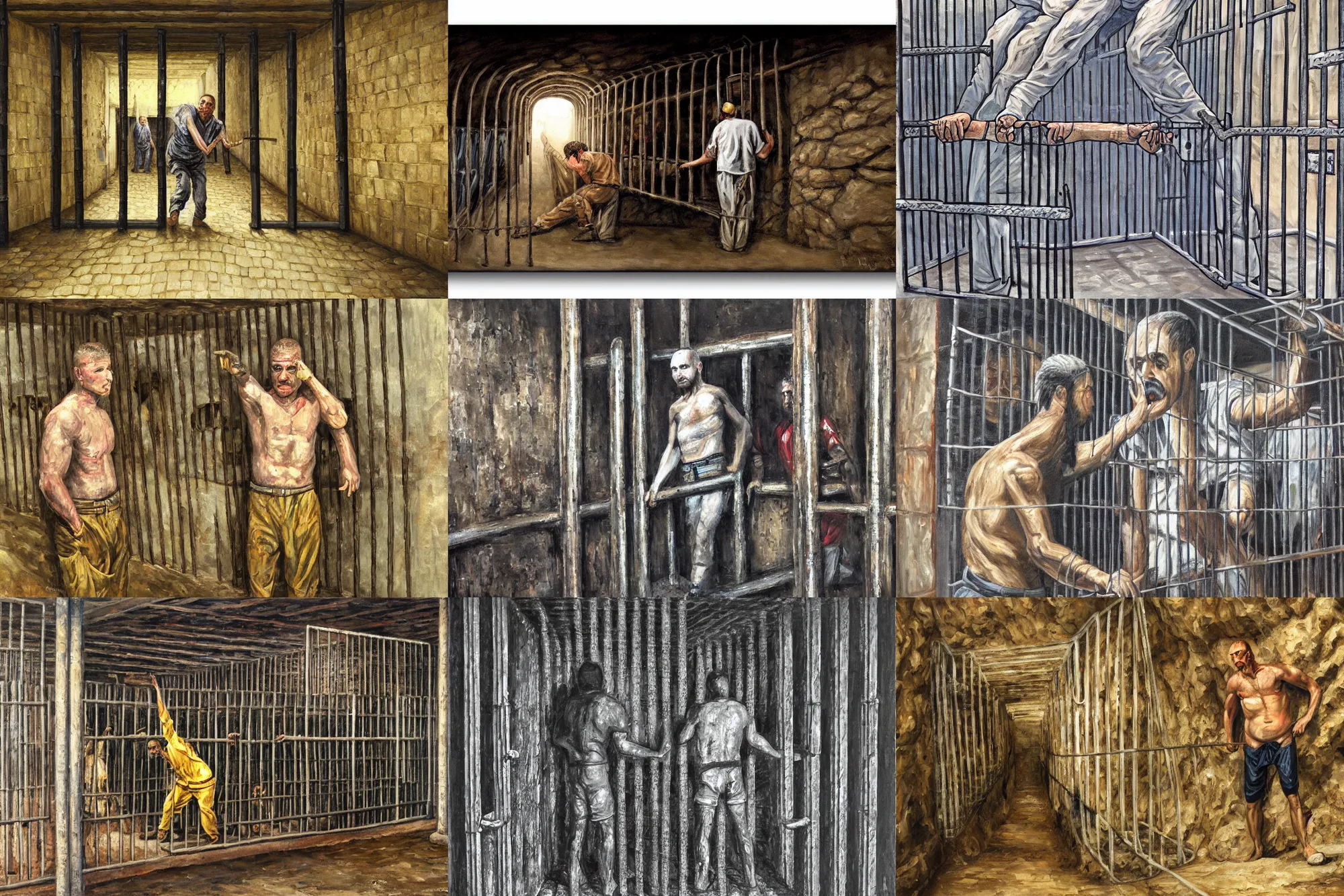 Prompt: ultra wide full length painting of a prisoner holding prison bars, cave prison, highly detailed, high resolution, oil in canvas