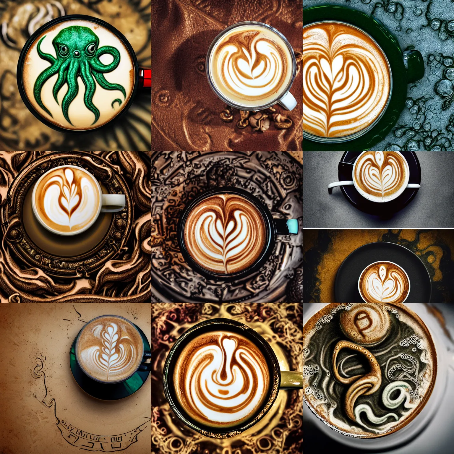 Prompt: latte art showing cthulhu, top view, macro shot, lovecraft illustration, 1920 style interior, hyper realistic extreme shine details, translucent glass shine, extreme ornate intricate bottle and cork detail, condensation droplet render, Octane render, full frame