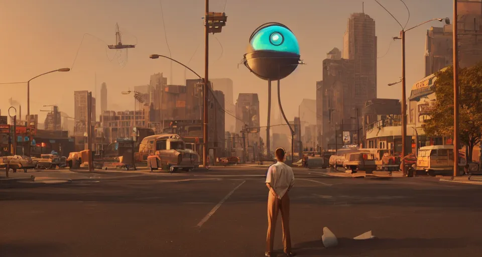 Image similar to A 1950s city scene with a GIANT LASER EYEBALL looming in the distance, rendered by simon stålenhag, rendered by Beeple, Makoto Shinkai, syd meade, environment concept, digital art, unreal engine, 3 point perspective, WLOP, trending on artstation, low level, 4K UHD image, octane render,