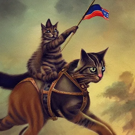 Image similar to a small warrior cat carrying his battle flag while riding a large cat steed that is galloping into battle