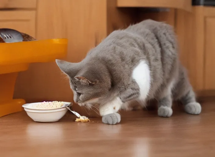 Prompt: cat eating wet cat food, sloppy