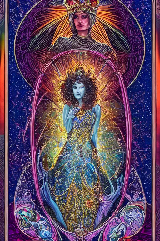 Prompt: beautiful tarot card of the queen of dreams by dan mumford and carol bak and alex grey, oil on canvas, intricate, border, symmetrical, portrait, 8k highly professionally detailed, HDR, CGsociety