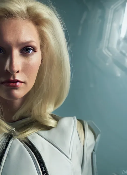 Image similar to closeup portrait of a blonde alien plejaren woman inside a spaceship wearing a space uniform, depth of field, zeiss lens, detailed, symmetrical, centered, fashion photoshoot, by annie leibovitz and steve mccurry, david lazar, jimmy nelsson, breathtaking, 8 k resolution, extremely detailed, beautiful, establishing shot, artistic, hyperrealistic, beautiful face, octane render