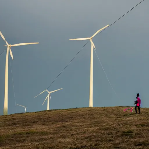 Image similar to a person on a hill flying a kite, next to a high-voltage transmission lines, in the style of filmmaker Shunji Iwai,