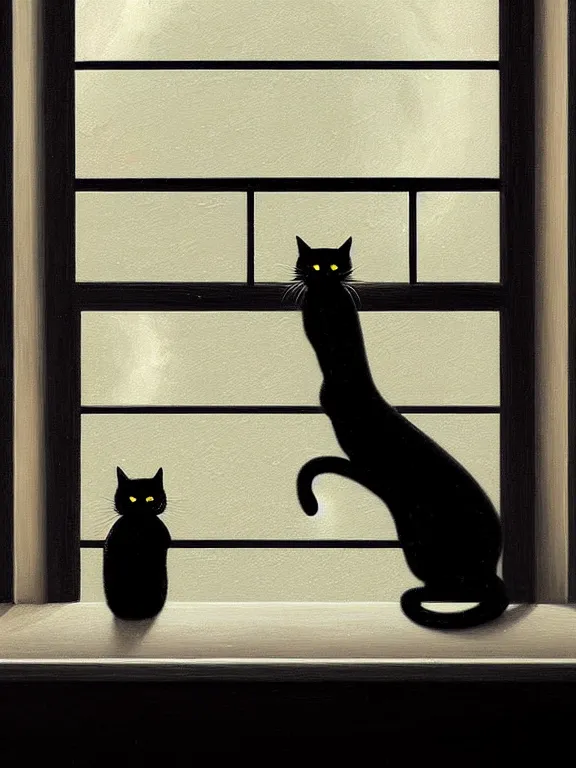 Prompt: a beautiful and highly detailed painting of a black cat on a window sill glass window reflections by Iwan Baan, Cyril Rolando, David Friedrich, Martin Johnson Heade and Lee Madgwick hyperreal 4k artstation