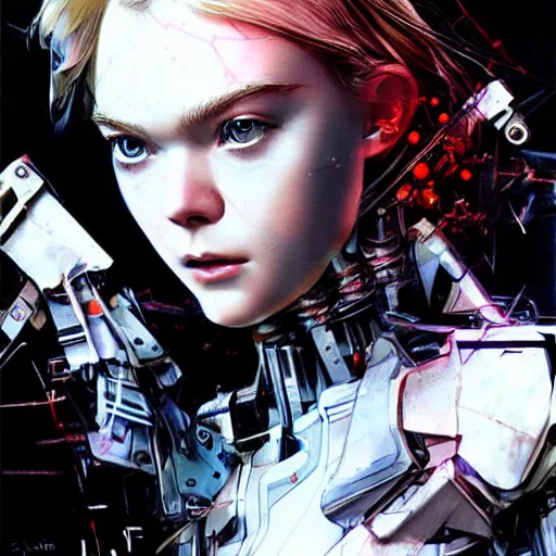 Prompt: a striking hyper real illustration of Elle Fanning with cybernetics by Yoji Shinkawa