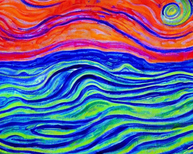 Prompt: Ocean waves in a psychedelic dream world. DMT. Landscape painting by Edvard Munch.