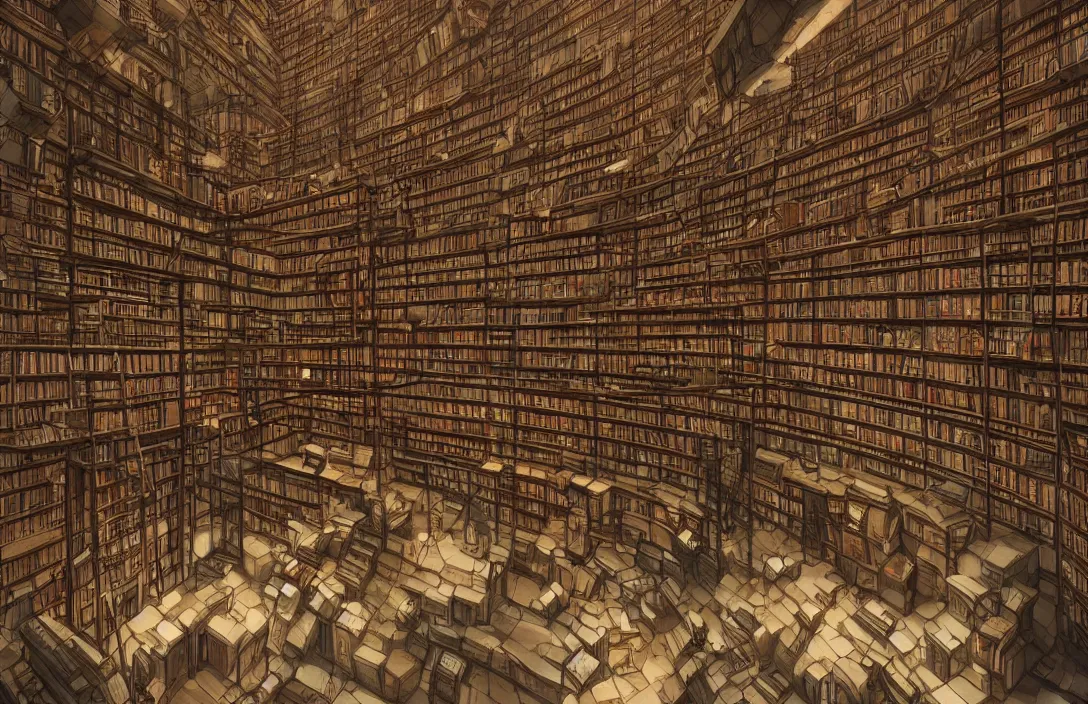 Prompt: The Library of Babel, massive library with high ceilings, walls covered with books, seemingly endless, concept art, artstation