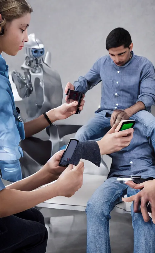 Image similar to robotic humans checking their cell phones one in each hand and one in each foot editorial photograph