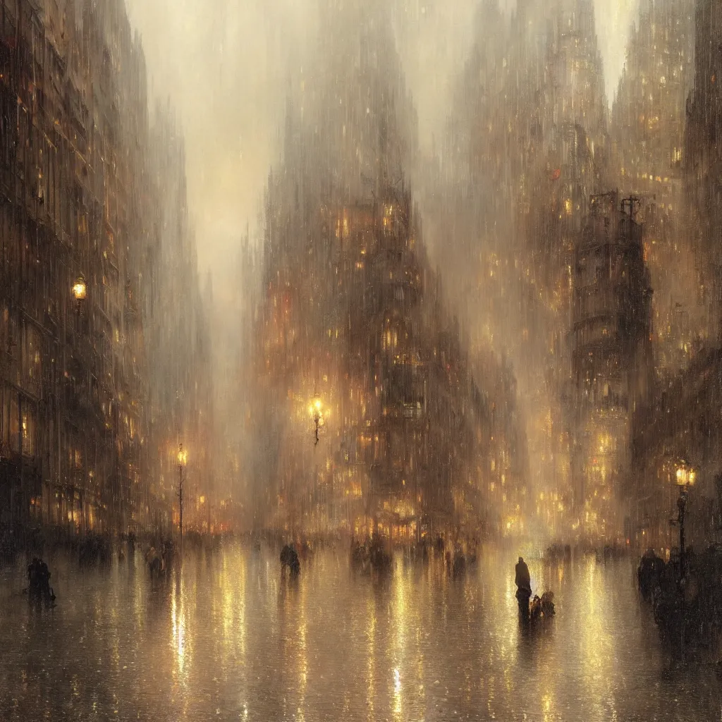 Image similar to a beautifull intricate city, wet sidewalk, people, reflections, raindrops, high details, art by william turner, by greg rutkowski and by alphonse mucha, trending on artstation, extremely detailed, masterpiece