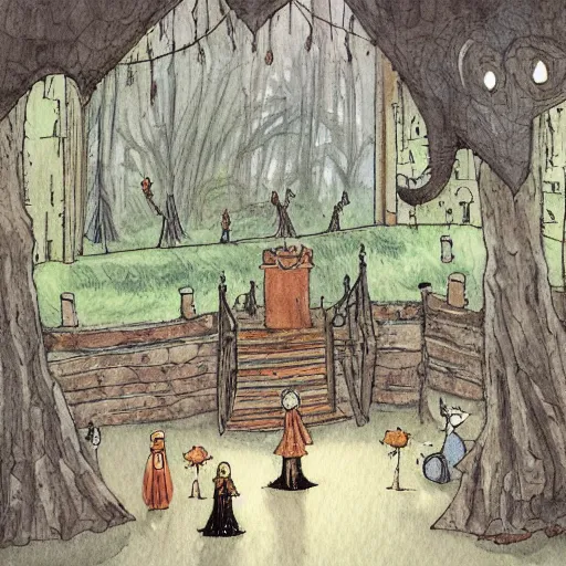 Prompt: interior, the hall in the castle decorated for halloween, in a small clearing among trees, drawn by hayao miyazaki, watercolor illustration for a book