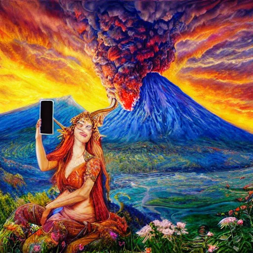 Image similar to painting by senior concept artist josephine wall, horned ram goddess checking her cell phone, erupting volcano and sunset in distance in background, flowers in foreground, zodiac, fantasy, acrylic on canvas, intricately detailed, highly detailed, high resolution, hd, hdr, 8 k, trending on artstation,