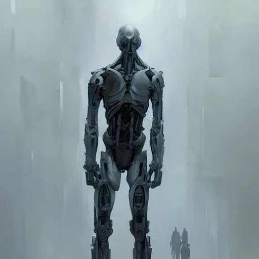 Prompt: concept art by greg rutkowski, a very tall and slender cyborg, similar to a michelangelo, standing in front of a large rectangular looking space, high tech and futuristic white walled environment, unnatural lighting, uncanny atmosphere, frightening and creepy atmosphere, scifi, highly detailed portrait, digital painting, artstation, concept art, smooth, sharp foccus ilustration, artstation hq