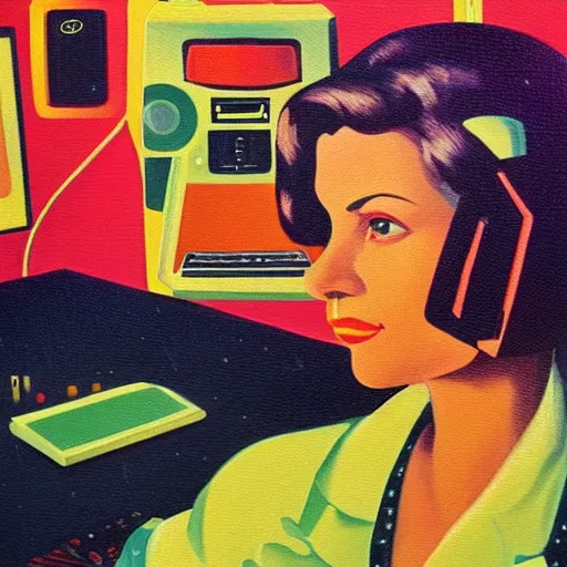 Image similar to oil on canvas portrait of a woman programming a computer, retro science fiction vintage art, colorful, very detailed