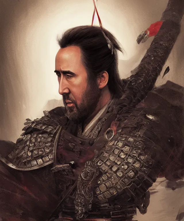 Prompt: Portrait of Nicolas Cage as a samurai from the warring states era Japan, highly detailed, digital painting, artstation, concept art, smooth, sharp focus, illustration by Artgerm and Greg Rutkowski and Tom Bagshaw