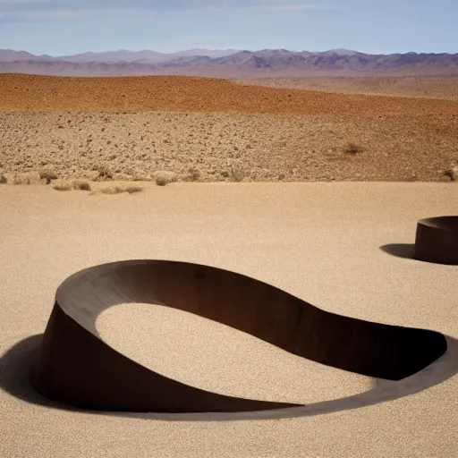 Prompt: land art sculptural complex built in the Mojave desert, beautiful dynamic lighting, cinematic, wide angle establishing shot, extremely high detail, photo realistic, cinematic lighting, post processed, concept art, artstation, matte painting, style by michael heizer, Donald Judd, Richard serra, volumetric lighting, light rays, photorealistic, ultrarealistic, moody, coronarender, 8k