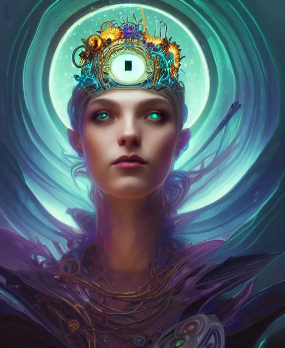 Image similar to whirlwind souls inside metaverse, half body, glowin eyes, tiara, pharaoh, forest, mushrooms, antiques, cyberpunk face, by loish, d & d, fantasy, intricate, elegant, highly detailed, colorful, vivid color, digital painting, artstation, concept art, art by artgerm and greg rutkowski and alphonse mucha and ruan jia