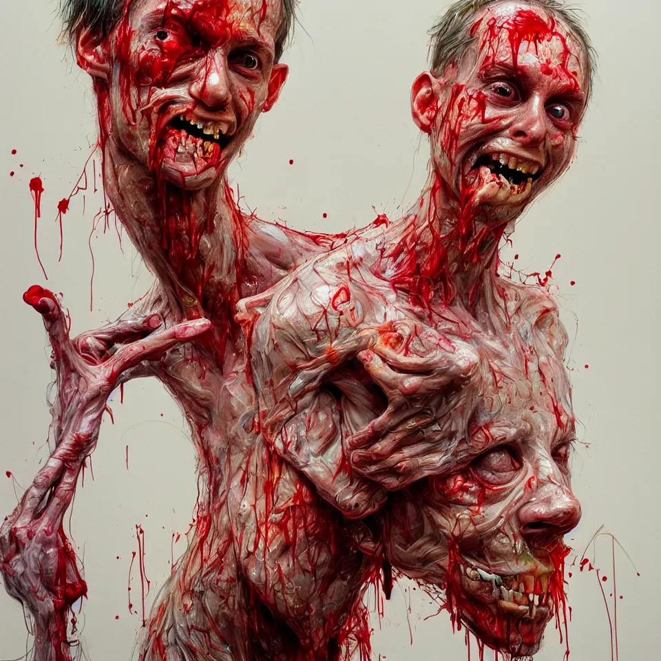 Image similar to bright realistic anorexic man puking blood and smiling franticly, apartment, rotten flesh, diffuse lighting, fantasy, intricate, elegant, highly detailed, lifelike, photorealistic, digital painting, artstation, illustration, concept art, smooth, sharp focus, art by francis bacon and jenny saville