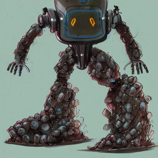 Image similar to a sci-fi robot overgrown by alien fungus and mushrooms character design concept art