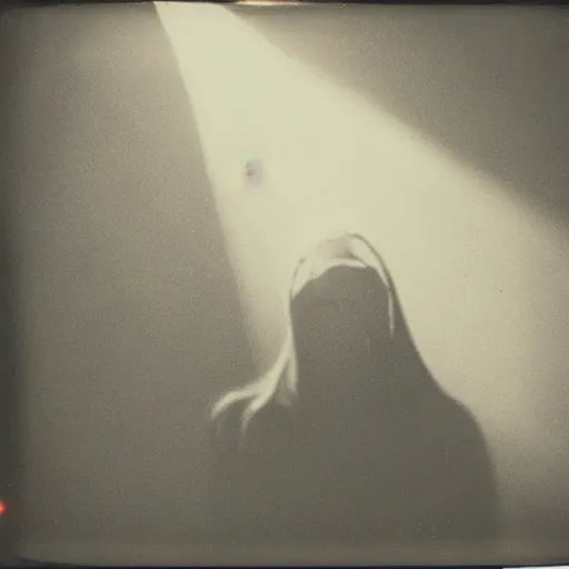 Prompt: wide angle, dark old polaroid of a ethereal humanoid creature, being illuminated by few sun rays, black and white