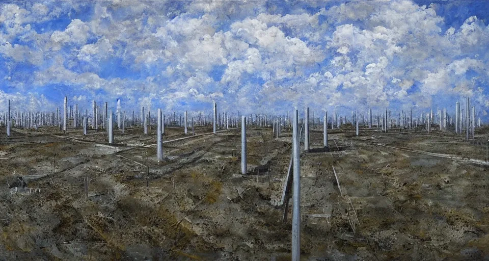 Prompt: world of only concrete, a flat endless plane of concrete covered in thin, very tall concrete pillars talk enough to go above the frame that go on to the horizon, open sky, but sparse vegetation is returning to the world, growing in the concrete, blue sky with clouds, god rays, beautiful painting, oil on canvas, by Ewa Czarniecka, award winning masterpiece,