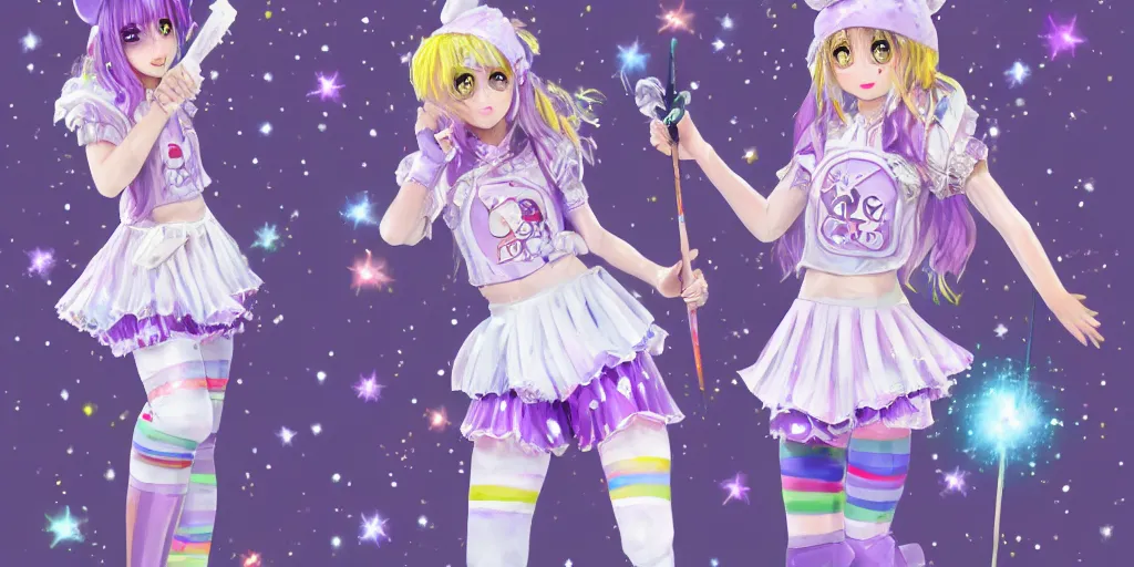 Image similar to A character sheet of a magical girl holding a paintbrush with short blond hair and freckles wearing an oversized purple Beret, Purple overall shorts, jester shoes, and white leggings covered in stars. Rainbow accents on outfit. Concept Art. By CLAMP. By WLOP. Realistic. JPOP Outfit. KPOP Outfit