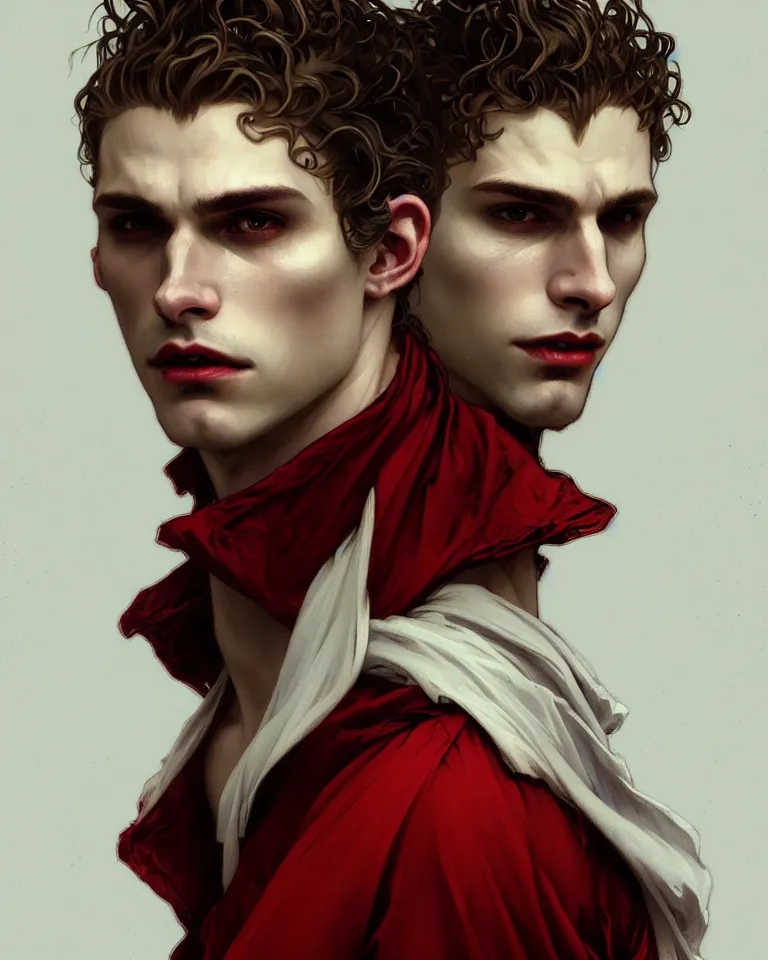 Image similar to portrait of a beautiful young fit male vampire with curly blond hairs and pale skin, dressed with urban clothes, by greg rutkowski and alphonse mucha, d & d character, gradient white to red, modern nocturnal background, highly detailed portrait, digital painting, artstation, concept art, smooth, sharp focus ilustration, artstation hq