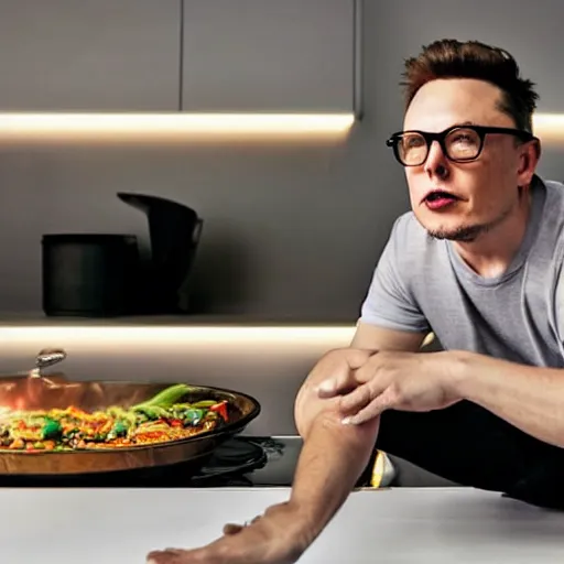 Prompt: picture of elon musk wearing glasses watching tv while cooking a meal, good lighted photo, sharp details, detailed, hd, hdr