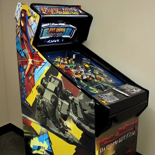 Image similar to photograph of metal gear solid themed pinball machine