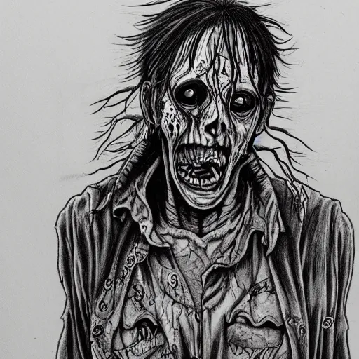 Image similar to highly detailed drawing of a zombie from the walking dead, junji ito manga art style