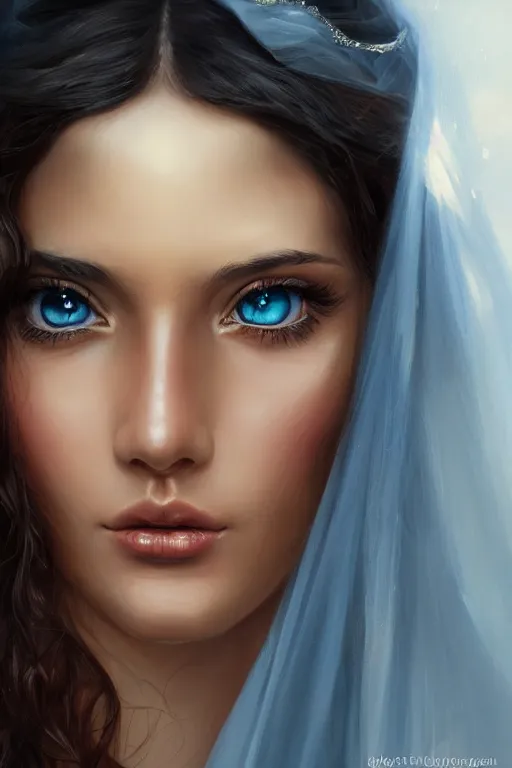 Image similar to tanned Ameera al-Taweel, bright blue eyes, long wavy black hair, simple white veil, closeup, focus face, elegant, highly detailed, centered, oil painting, artstation, concept art by tom bagshaw