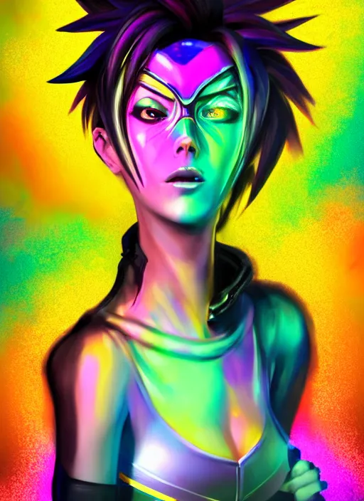 Image similar to full body abstract surreal weird digital drawing portrait of tracer overwatch, confident pose, full body, full body, wearing black jagged iridescent rainbow latex armor, rainbow, neon, 4 k, expressive surprised expression, makeup, wearing large rainbow neon choker, studio lighting, black latex, expressive detailed face and eyes,