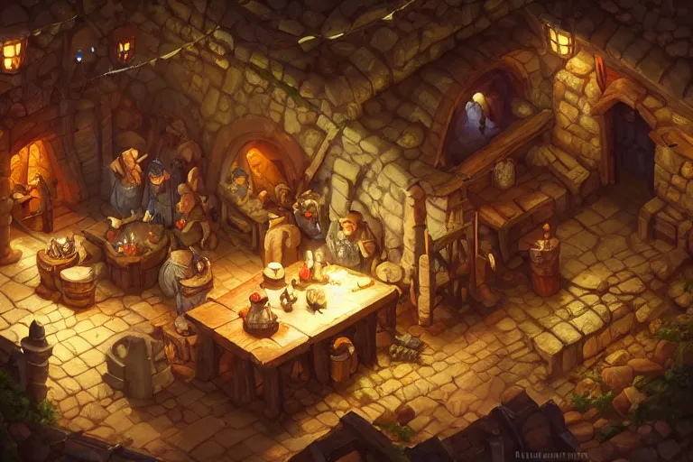 Prompt: a digital painting of an isometric medieval tavern environment by justin gerard, paul bonner, highly detailed, volumetric lighting, digital art, isometric, artstation hd