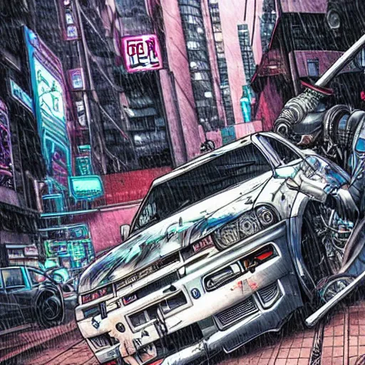 Prompt: beautiful hyper-detailed full colour manga illustration of a robot with a sword, attacking a Nissan skyline r34, cyberpunk, dystopian, rain, car wreck