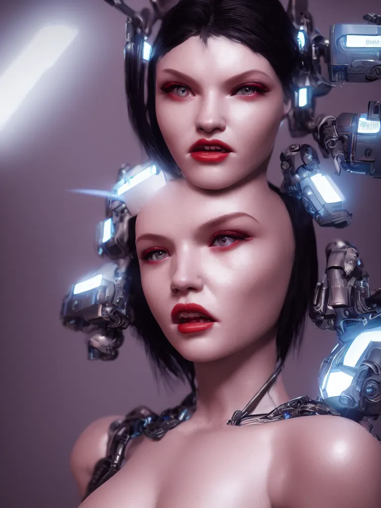 Prompt: cinematic, portrait photography, portrait face, a beautiful betty page cyborg, perfect chromium and porcelain bionic body, ui data displays, hud interface, hajime sorayama, h. r. giger, octane rendered, 4 k, lens flare,