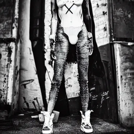 Image similar to fashion photography of an alien model, wearing streetwear fashion, inside berghain, futuristic fashion, photo 3 5 mm leica, hyperdetail, 8 k, very detailed, black and white, aphex twin